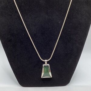 Silver Tone Necklace with Green Inlay Pendant